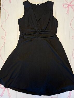 Ourin Black Deep V neck sleeveless ruched Empire waist sundress Size L